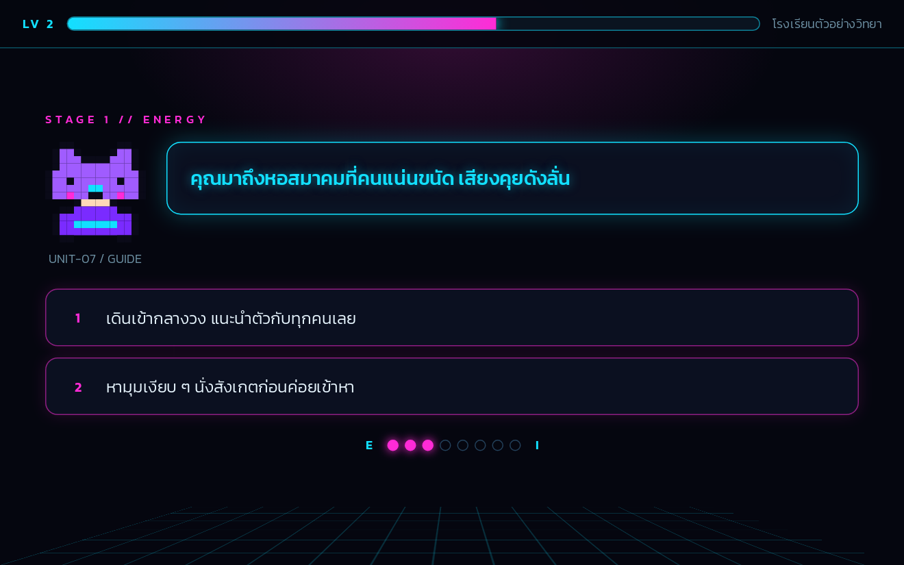 ธีม Neon Arcade ตอนเล่นจริง กรอบสนทนาเรืองแสงนีออนบนพื้นดำ พร้อมกริดทอดตัว
